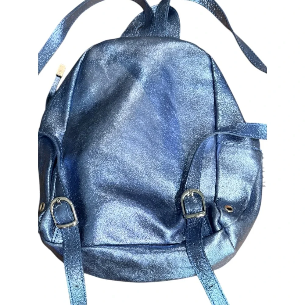 Monnalisa Monica Metallic sparkly Blue Leather Mini Backpack Bow Detail 12x9